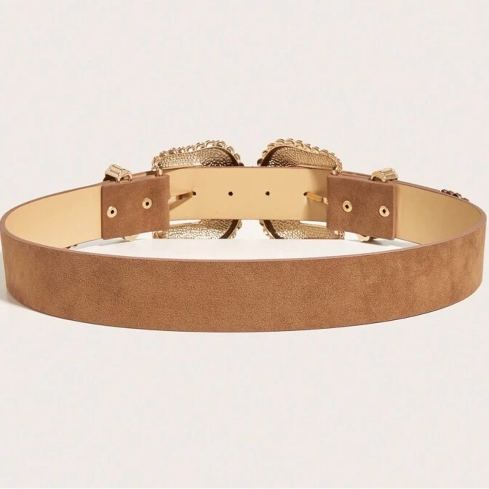 Double Brown Western Belt with Gold Buckles - Picture 3 of 5